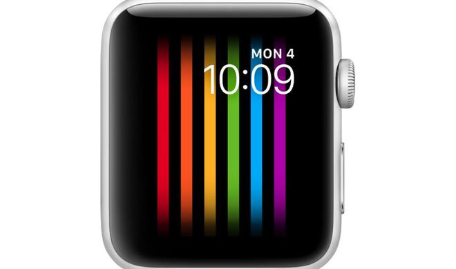 Pride-Armband und Zifferblatt an der Apple Watch