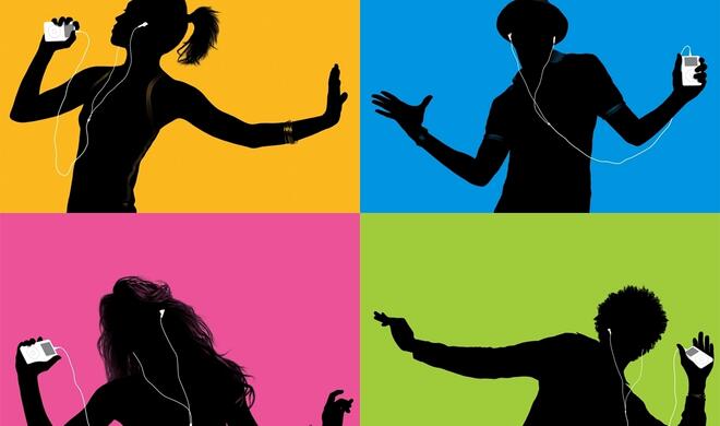 Farbiger Hintergrund, schwarze Figuren, weiße Kopfhörer lauten die Gemeinsamkeiten aller Kampagnen-Motive.