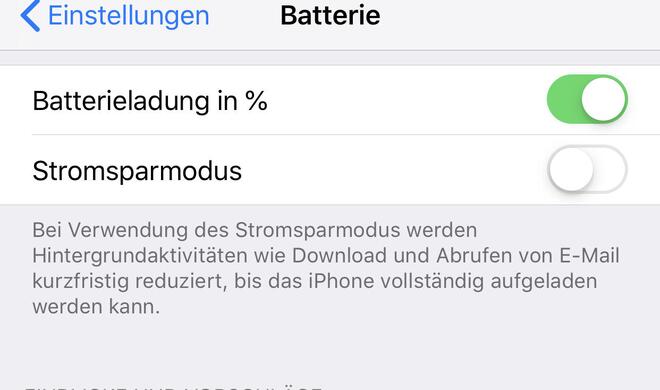 In „Batterie“ können Sie sich den Ladezustand in der Statusleiste in Prozent anzeigen lassen, den Stromsparmodus aktivieren und prüfen, welche App am meisten Strom benötigt.
