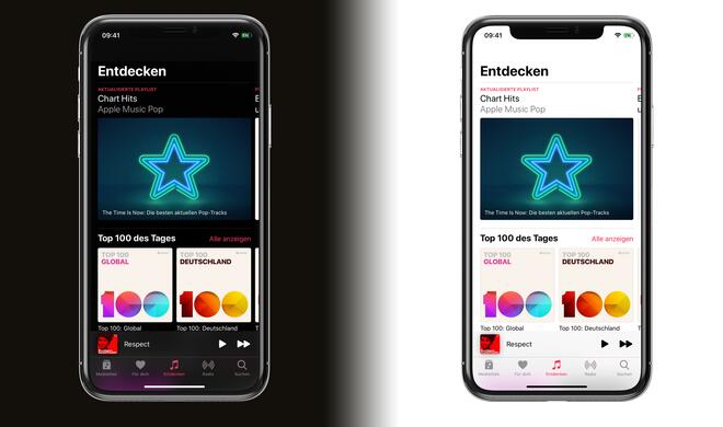 Bei der Musik-App macht sich das schwarze Farbthema besonders gut