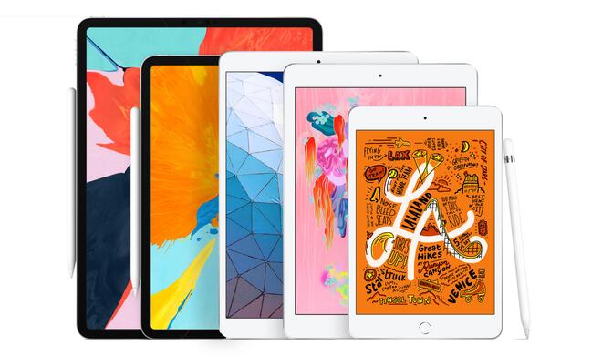 Die aktuelle iPad-Familie: Von links nach rechts sehen Sie die beiden Pro-Modelle, das Air, das „normale“ iPad sowie das iPad mini.
