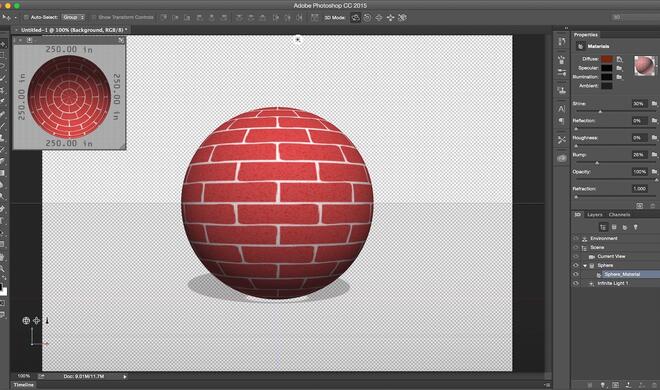 Photoshop CC 2015 wendet diffuse Texturen auf ein 3D-Objekt an.
