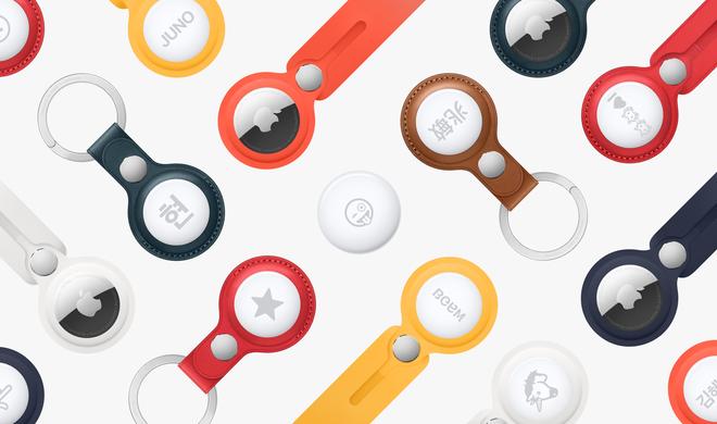 Kunterbunt: AirTag lässt sich mit Text und Emoji individualisieren, Zubehör, etwa Schlüsselanhänger, werden ebenfalls angeboten.