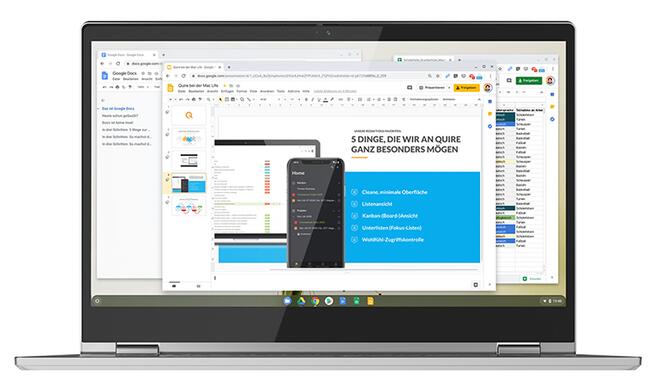 Zu den Bestandteilen von Googles „Office in der Cloud“ gehört die eigentliche Textverarbeitung Docs, die Tabellenkalkulation Google Tabellen (im Original: „Sheets“) sowie die Präsentationslösung Google Präsentationen („Slides“).