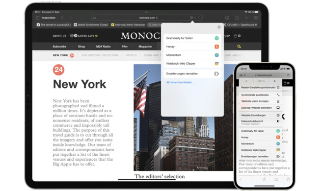 Safari hat unter iOS 15 Erweiterungen erhalten