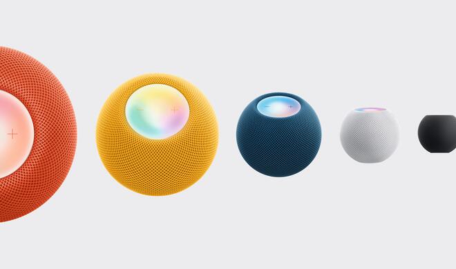 Der HomePod mini ist ab sofort neben Weiß und Space Grau auch in drei neuen kräftigen Farben erhältlich: Orange, Gelb und Blau.