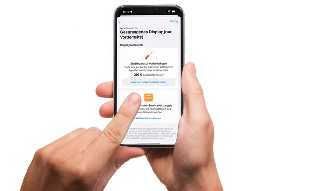 Apples Support-App zeigt auch geschätzte Reparaturkosten an.