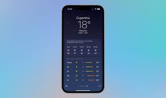 Beim Öffnen der Wetter-App siehst du sofort das Wetter für die kommenden Stunden