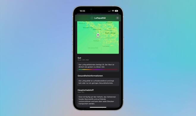 Für die Luftqualität greift Apple auf eine Übersichtskarte zurück
