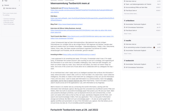 Die Oberfläche von Mem ist angenehm minimalistisch und übersichtlich gehalten. In der linken Seitenleiste wechselst du zwischen deiner Timeline, deinem Eingangspostfach (hier landen etwa zugewiesene Mems) und deiner Aufgabenübersicht. Die...