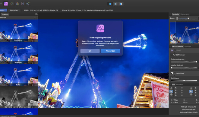 Mit Affinity Photo sind auch erweiterte Bildbearbeitungsfunktionen wie Tone Mapping relativ einfach möglich.