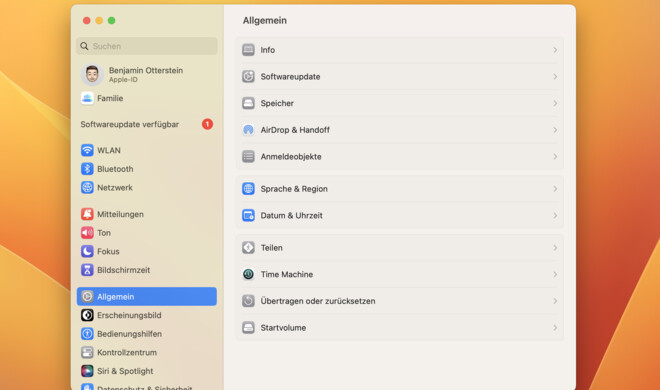 In „Allgemein“ verstecken sich Funktionen wie „Time Machine“ oder das „Startvolumen“