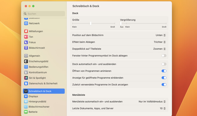 Passe das Dock und den Schreibtisch an deine Vorstellungen an