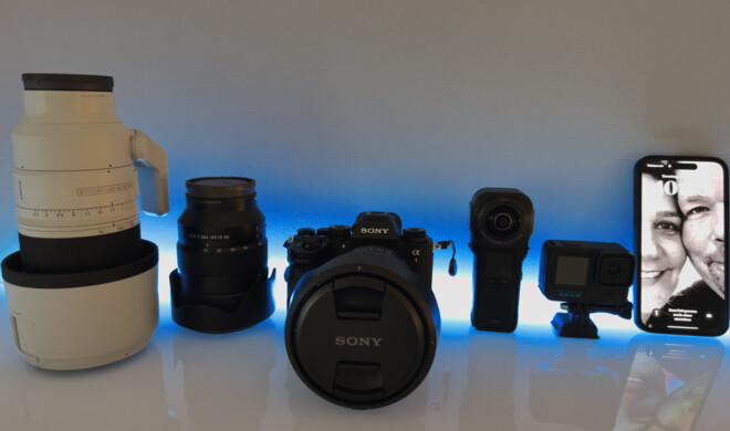 Sonys Alpha 1 samt Profi-Objektiven, die Insta360 One RS 1-Zoll 360 Edition und die Gopro Hero11 Black fordern das iPhone 14 Pro Max heraus – und das Apple-Handy schlägt sich prima.