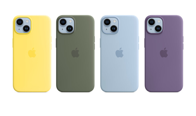Die Silikon Cases für das iPhone 14 und iPhone 14 Plus gibt es in vier neuen Farben: Kanariengelb, Oliv, Himmel und Iris.