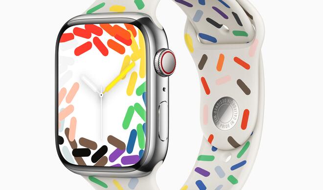 Apple stellt ein neues Pride Edition Sportarmband vor, das mit einem passenden Zifferblatt und iOS Hintergrundbild kommt.