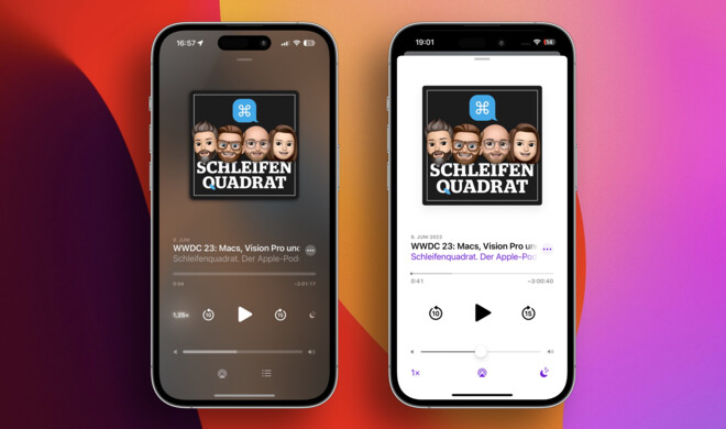 Der Podcasts-Player hat in iOS 17 ein neues Design erhalten. (iOS 17 links, iOS 16.5 rechts)