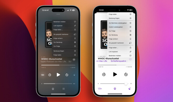 Apple änderte das Kontextmenü in der Medienwiedergabe.  (iOS 17 links, iOS 16.5 rechts)