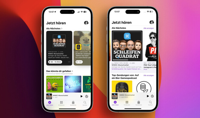 In „Jetzt hören“ ist deutlich die restliche Laufzeit zu erkennen. (iOS 17 links, iOS 16.5 rechts)
