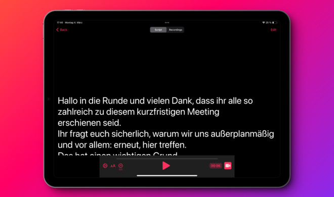 Teleprompter verwandelt das iPhone oder iPad in eine Vorlesehilfe.
