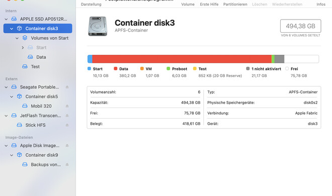 Das Festplattendienstprogramm ist die zentrale Anlaufstelle für alles rund um die Einrichtung und Überprüfung von Speichermedien aller Art.