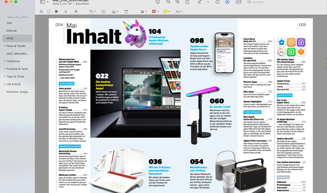 Der App Vorschau kommt bei der Arbeit mit PDFs eine Schlüsselrolle zu. Sie bietet diverse Darstellungen und Bearbeitungsfunktionen.