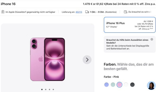 Bestellung für ein iPhone 16 Plus in Pink