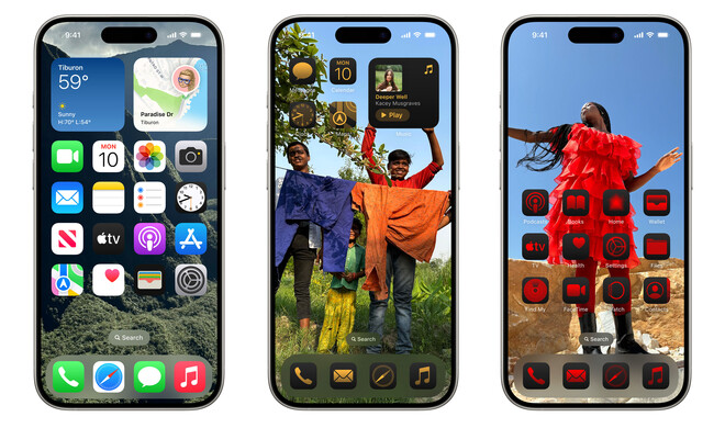 iOS 18 schafft Raum für Individualität: Wähle große Icons oder färbe sie ein und platziere sie passend auf dem Hintergrundbild.