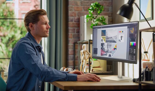 Das BenQ PD2730S mit speziell entspiegeltem Display liefert 5K Auflösung und extrem gute Farbtreue.