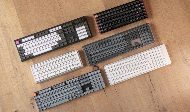 Von links oben nach rechts unten: Hator Skyfall Pro, Keychron K2 HE, Wooting 60HE v2, Logitech MX Mechanical, Keychron K5 Max, Lofree Flow 2.