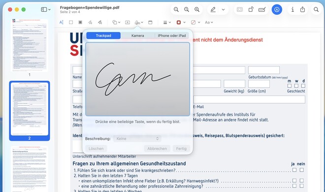 Die Vorschau-App ermöglicht es Ihnen, Ihre Unterschrift über das Trackpad, die Kamera oder Ihr iPhone respektive Ihr iPad hinzuzufügen.