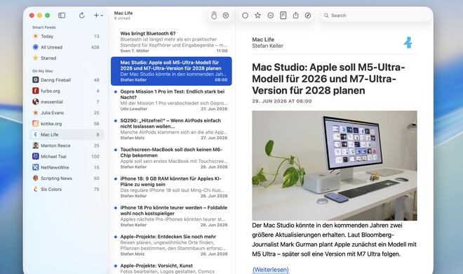 RSS-Apps für den Mac wie Netnewswire nutzen den zusätzlichen Platz auf dem Bildschirm häufig mit mehrspaltigen Ansichten optimal aus.