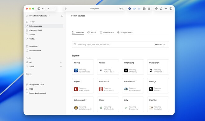 Mit einem RSS-Dienst wie Feedly verwalten Sie Ihre Abonnements unabhängig von einer RSS-App.